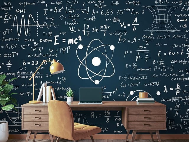 Fototapeta Atom i równania na ciemnym tle (mpn: FT-4573) Fototapeta typografia – atom w centrum i wzory matematyczne