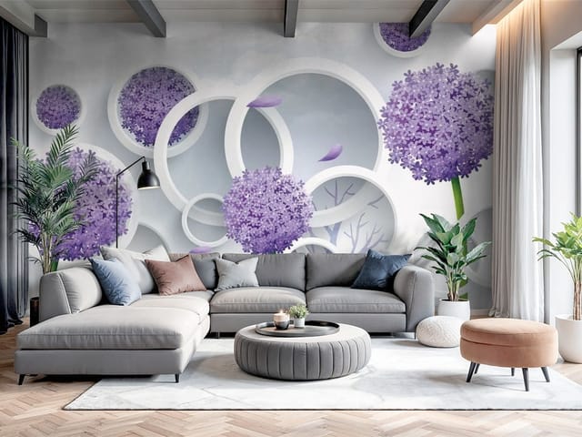 Fototapeta 3D kwiaty – duże fioletowe kwiaty w białych okręgach