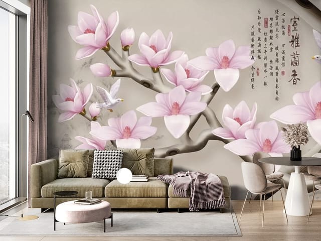 Fototapeta Magnolie na gałęzi z chińskimi znakami (mpn: FT-4610) Fototapeta Magnolie – gałąź drzewa z pięknymi kwiatami magnolii