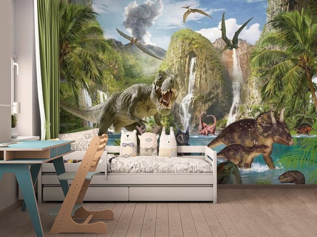 Fototapeta dinozaury dziecięce – dinozaury nad jeziorem w dżungli
