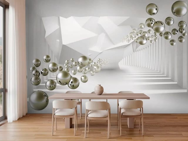 Fototapeta 3D tunel – srebrne kule w futurystycznym korytarzu