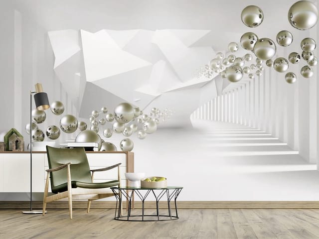 Fototapeta z srebrnymi kulami w futurystycznym korytarzu z geometrycznymi ścianami
