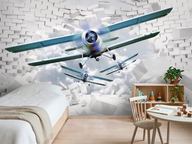 Fototapeta 3D dziura w ścianie – trzy samoloty w locie