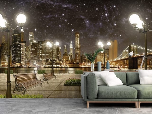 Fototapeta Nocna panorama miasta z mostem (mpn: FT-4688) Fototapeta Miasta nocą – ławki, latarnie i panorama miasta