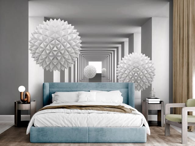 Fototapeta 3D tunel – białe geometryczne kule w korytarzu