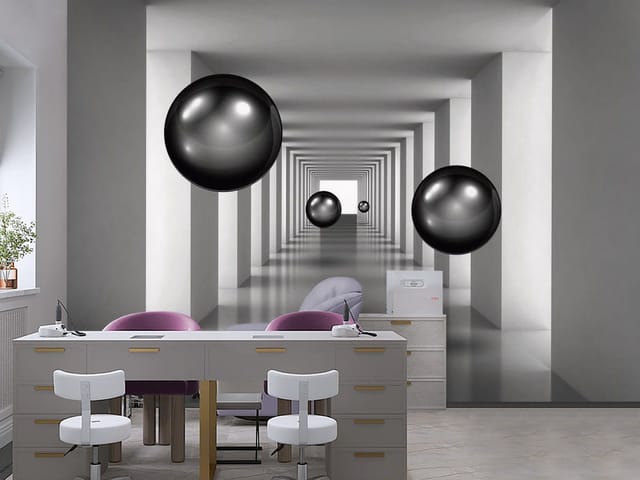 Fototapeta 3D tunel – czarne kule w białym korytarzu