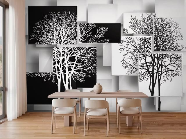 Fototapeta 3D formy geometryczne – czarno-białe drzewa na kwadratach