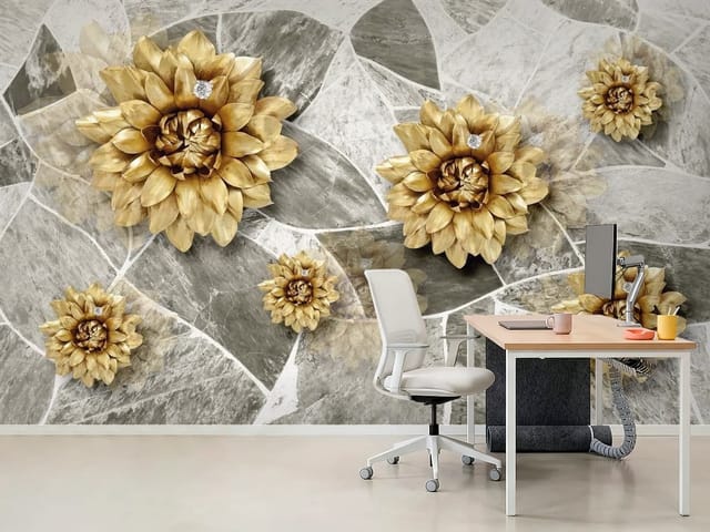 Fototapeta Złote kwiaty na kamiennym tle (mpn: FT-4786) Fototapeta 3D kwiaty – złote kwiaty na kamiennym tle