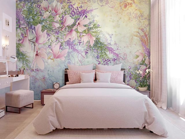 Fototapeta Magnolie w towarzystwie lawendy (mpn: FT-4845) Fototapeta Magnolie – kwiaty magnolii otoczone lawendą