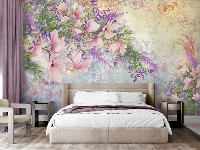 Fototapeta Magnolie w towarzystwie lawendy (mpn: FT-4845) Fototapeta Magnolie – kwiaty magnolii otoczone lawendą