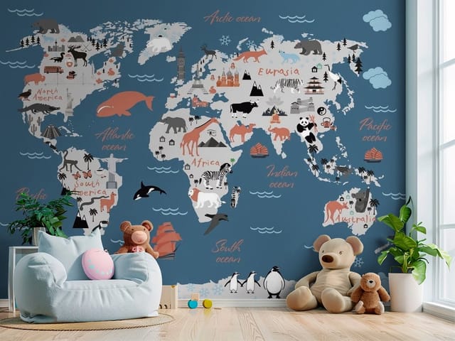 Fototapeta Ilustrowana mapa świata dla dzieci (mpn: FT-4850) Fototapeta mapy dziecięce – ilustrowana mapa świata z kontynentami