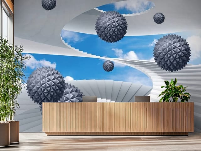 Fototapeta 3D formy geometryczne – białe spiralne schody