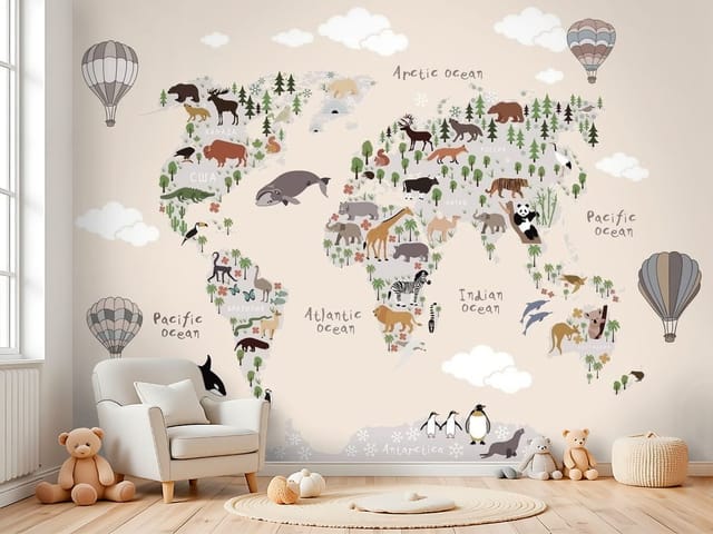 Fototapeta Mapa świata z zwierzętami (mpn: FT-4869) Fototapeta Mapy dziecięce – ilustracja mapy świata z zwierzętami