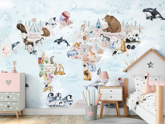 Fototapeta Mapa świata z zwierzętami dla dzieci (mpn: FT-4871) Fototapeta Mapy dziecięce – ilustracja mapy świata z zwierzętami