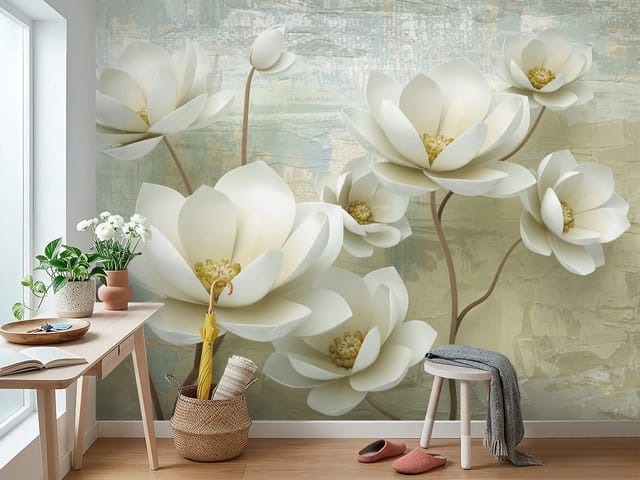 Fototapeta Magnolie na pastelowym tle (mpn: FT-4937) Fototapeta Magnolie – duże białe kwiaty na brązowych gałęziach