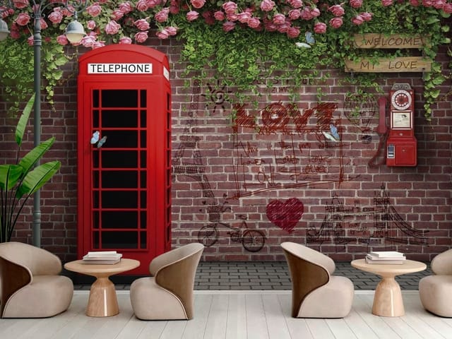 Fototapeta Londyn – czerwona budka telefoniczna przy murze