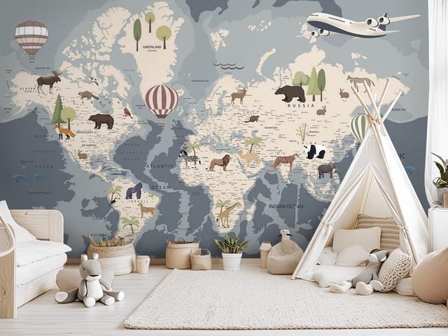 Fototapeta Mapa świata z kontynentami dla dzieci (mpn: FT-4966) Fototapeta mapy dziecięce – mapa świata z kontynentami