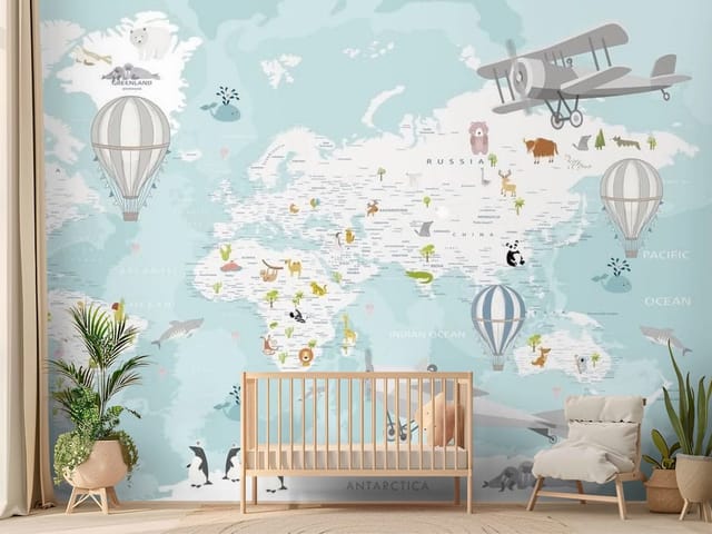 Fototapeta Mapa świata z balonami i samolotami (mpn: FT-4971) Fototapeta Mapy dziecięce mapa świata z balonami i samolotami
