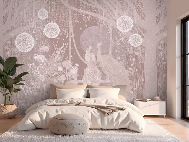 Fototapeta murale abstrakcyjne – dwa pawie na gałęzi w otoczeniu roślinności