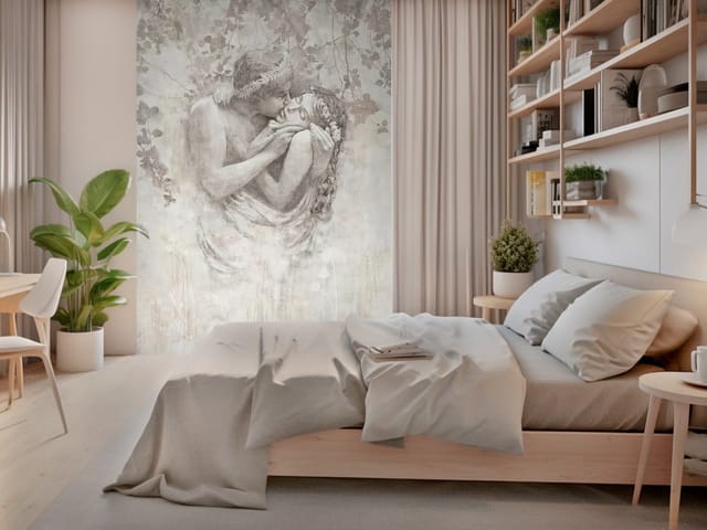 Fototapeta Romantyczna para wśród liści (mpn: FT-5000) Fototapeta płaskorzeźby – para w romantycznym uścisku