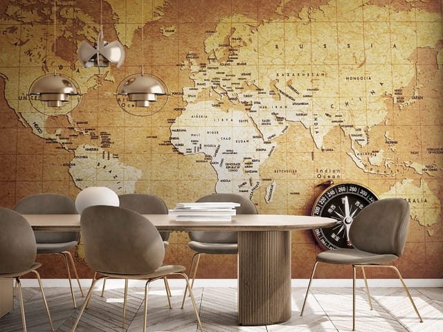 Fototapeta przedstawiająca starą mapę świata z kompasem i nazwami krajów.