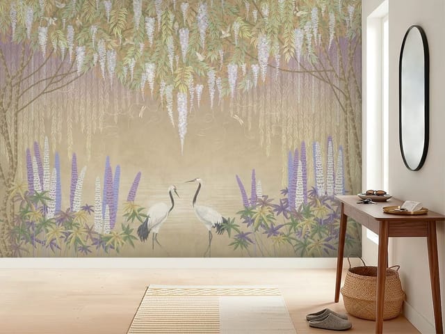 Fototapeta Żurawie w Ogrodzie Kwiatów (mpn: FT-5030) Fototapeta Murale kwiatowe – dwa żurawie w ogrodzie