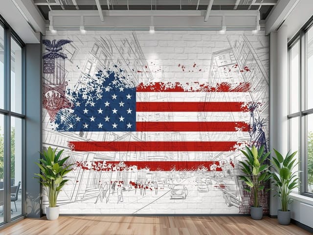Fototapeta Cegła – Flaga USA na tle szkicu miasta