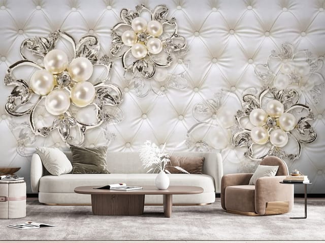 Fototapeta 3D kwiaty – dekoracyjne kwiaty z perłami