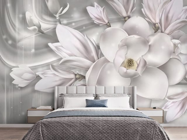 Fototapeta Magnolie w delikatnych szarościach (mpn: FT-5070) Fototapeta Magnolie – duże białe kwiaty magnolii, delikatne tło