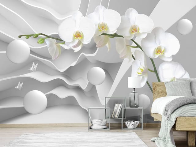 Fototapeta z białymi orchideami na tle falistych kształtów i okrągłych elementów