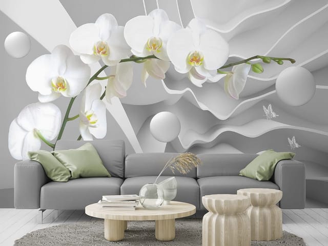 Fototapeta Białe Orchidee na Abstrakcyjnym Tle (mpn: 5079) Fototapeta z białymi orchideami na tle falistych kształtów i okrągłych elementów