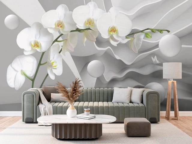 Fototapeta Białe Orchidee na Abstrakcyjnym Tle (mpn: FT-5079) Fototapeta Storczyki – białe orchidee z zieloną łodygą na tle falistych kształtów