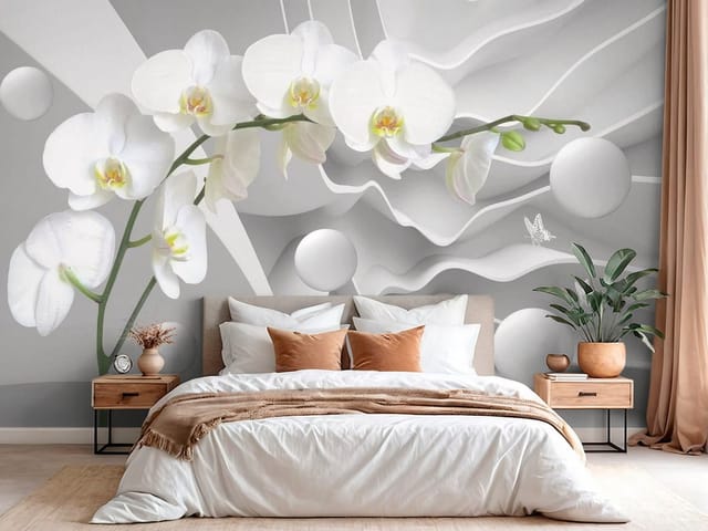 Fototapeta Storczyki – białe orchidee z zieloną łodygą na tle falistych kształtów