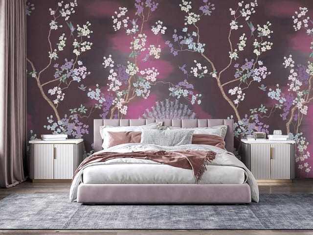 Fototapeta Paw wśród kwiatów sakury (mpn: FT-5108) Fototapeta Sakura z pawiem i kwiatami na ciemnym tle