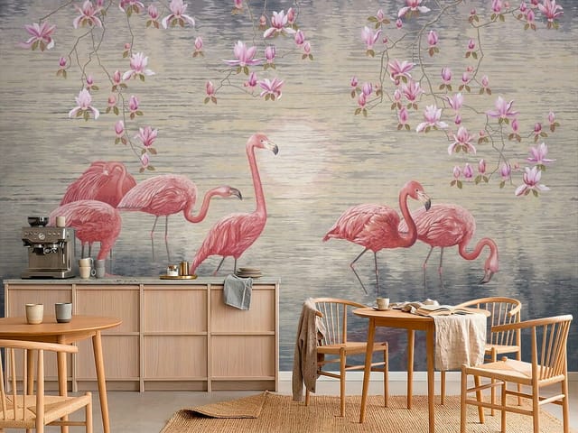 Fototapeta Flamingi – grupa flamingów w wodzie z magnoliami