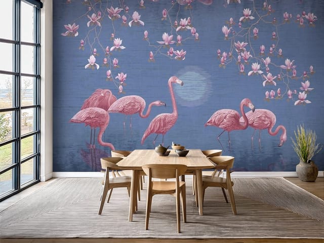 Fototapeta Flamingi – ilustracja z flamingami na tle kwitnących magnolii