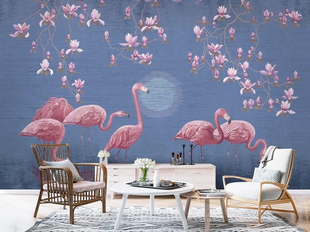 Fototapeta Flamingi – ilustracja z flamingami na tle kwitnących magnolii