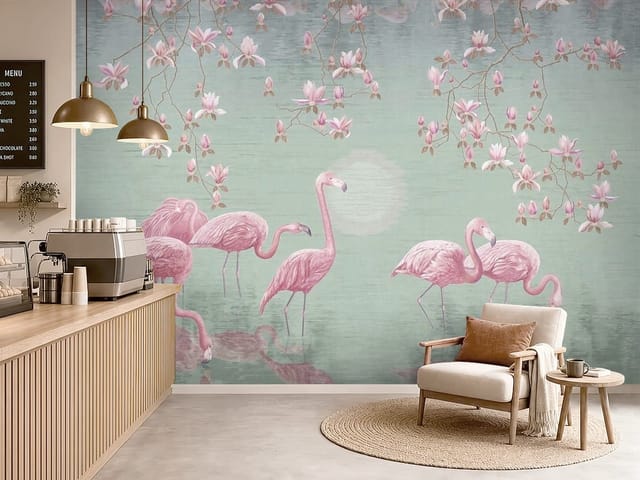Fototapeta Flamingi – grupa flamingów w wodzie z magnoliami