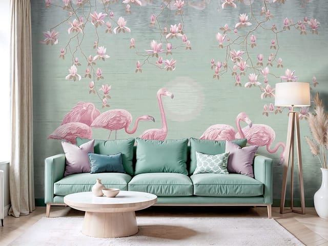 Fototapeta Flamingi w wodzie z magnoliami (mpn: FT-5149) Fototapeta Flamingi – grupa flamingów w wodzie z magnoliami