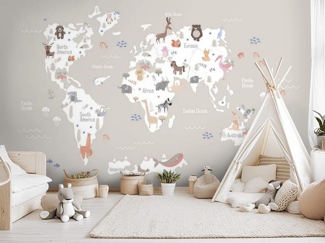 Fototapeta Mapa świata z ilustracjami zwierząt (mpn: FT-5204) Fototapeta Mapy dziecięce – mapa świata z ilustracjami zwierząt