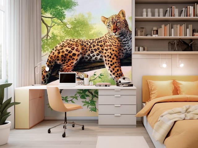 Fototapeta Tygrysy – leopard leży na grubej gałęzi drzewa