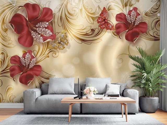Fototapeta 3D kwiaty – czerwone kwiaty z kryształkami