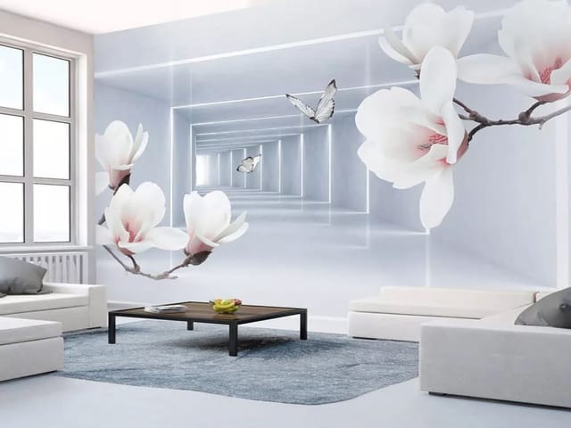 Fototapeta z kwiatami magnolii na gałęzi i geometrycznym tunelem w tle