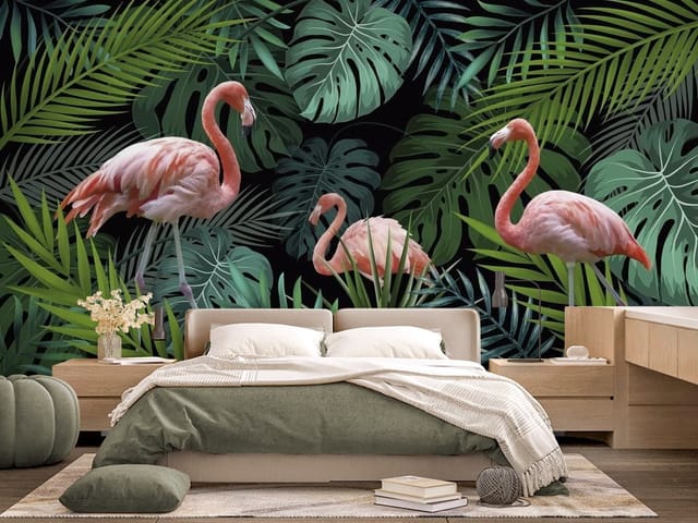 Fototapeta Flamingi – trzy flamingi wśród liści