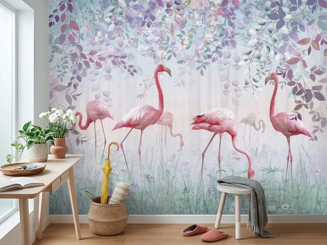 Fototapeta Flamingi wśród roślinności (mpn: FT-5334) Fototapeta Flamingi – ilustracja grupy flamingów wśród roślinności