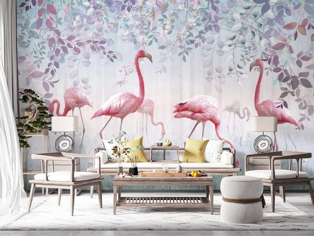 Fototapeta Flamingi – ilustracja grupy flamingów wśród roślinności