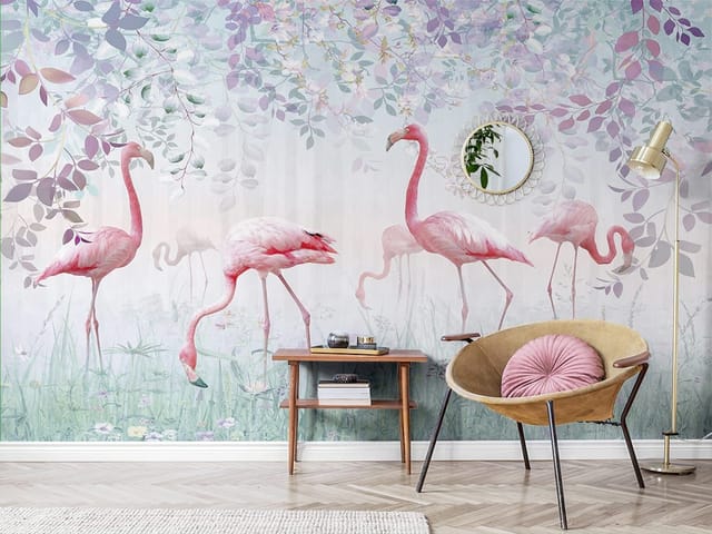 Fototapeta Flamingi wśród roślinności (mpn: FT-5334) Fototapeta Flamingi – ilustracja grupy flamingów wśród roślinności