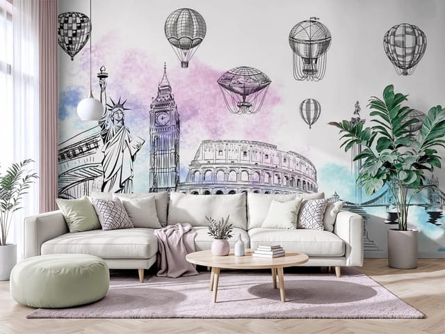 Fototapeta Ilustracje miast – znane zabytki i balony na ogrzane powietrze