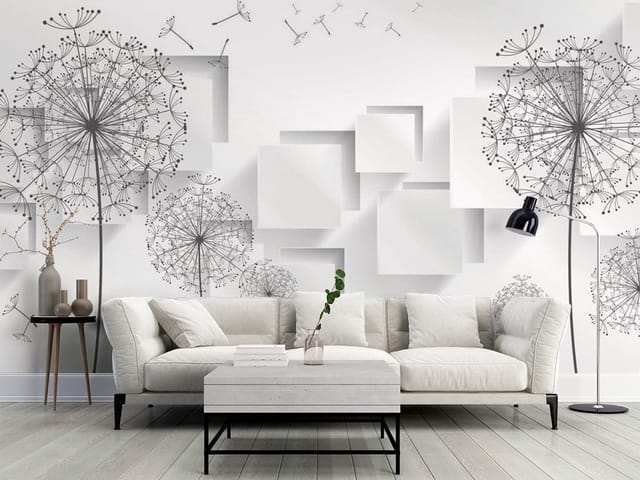 Fototapeta 3D formy geometryczne – duże dmuchawce na tle geometrycznych kształtów
