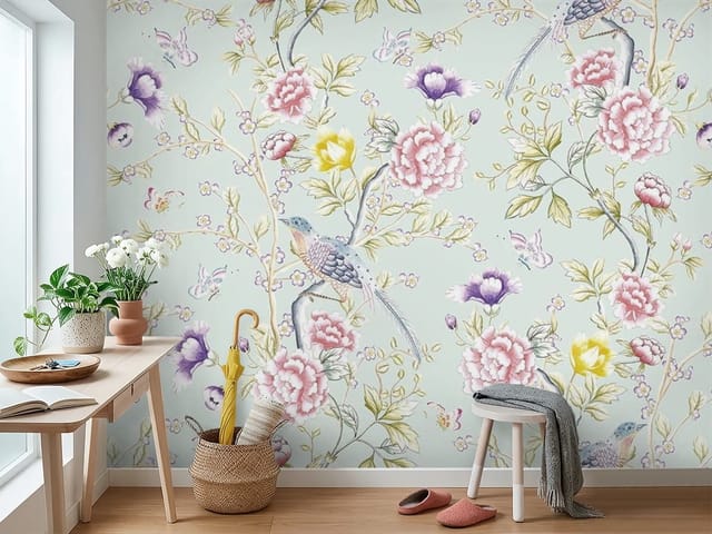 Fototapeta Kwiaty i Gałęzie z Ptakiem (mpn: FT-5542) Fototapeta Murale kwiatowe – duże kwiaty i gałęzie z ptakami